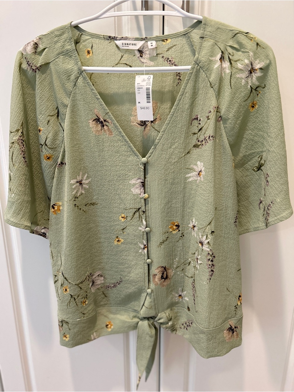 Reitmans Sage Green Floral Tie-Front Blouse